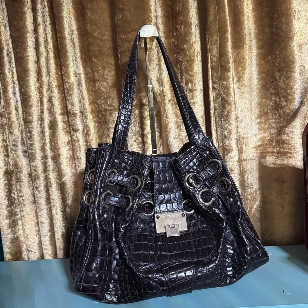 Jimmy Choo Dark Brown Crocodile-Embossed Grommet Bag w/ Gold Hardware